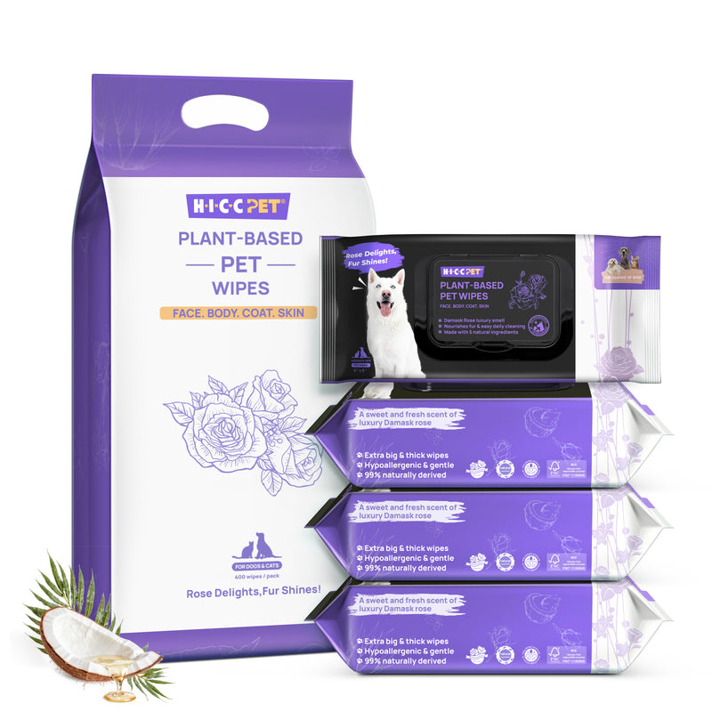 HICC Pet® Plant-Based Pet Wipes For Dogs & Cats, Damask Rose Scent
